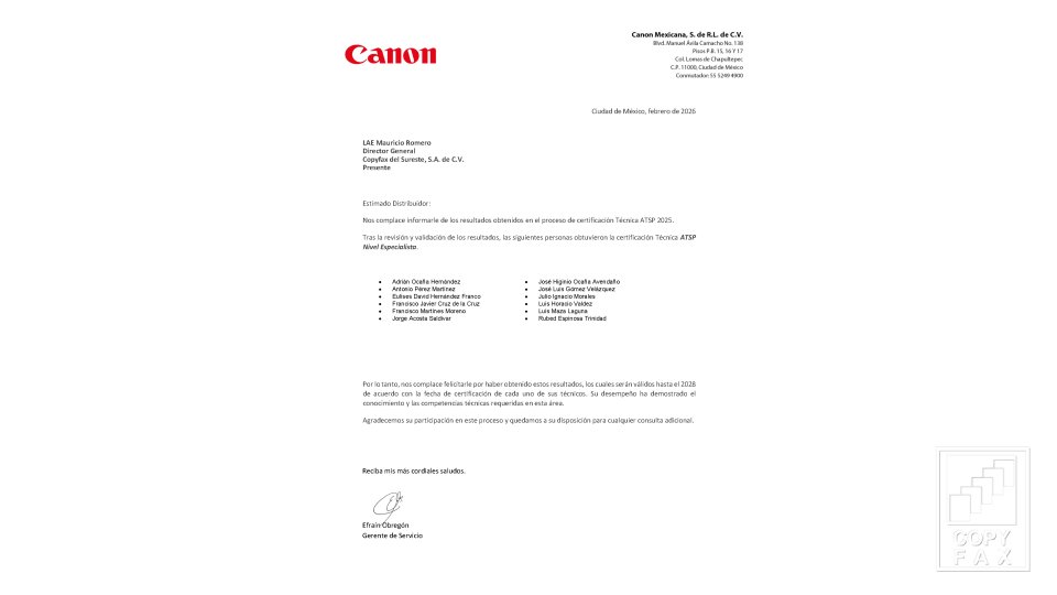 Certificación (ATSP) Nivel Especialista de Nuestros Técnicos Copyfax del Sureste