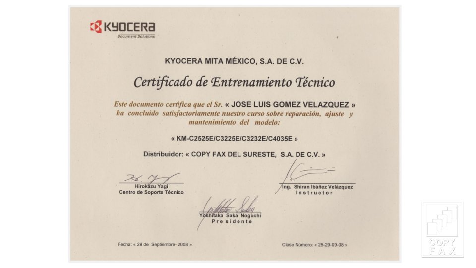 Certificación de Entrenamiento Técnico Kyocera Copyfax del Sureste